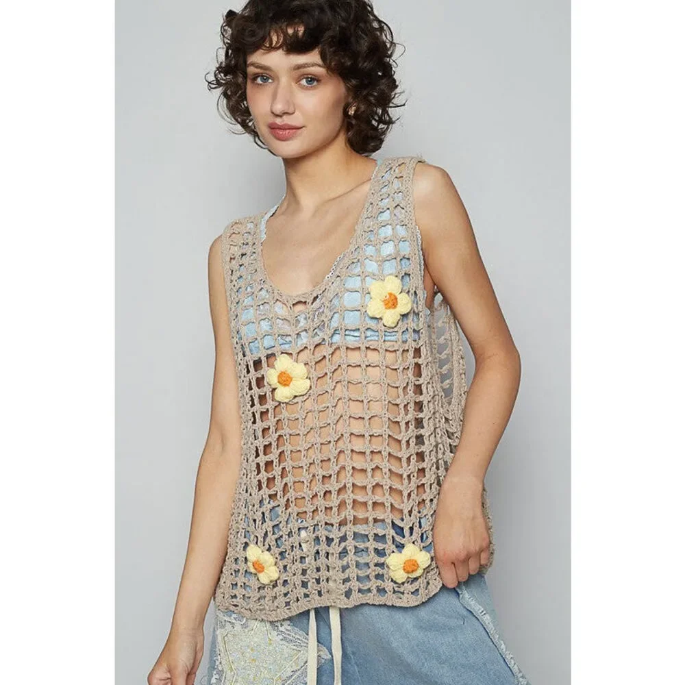 POL Flower Crochet Scoop Neck Sleeveless Knit Cover Up - Picture 3 of 5